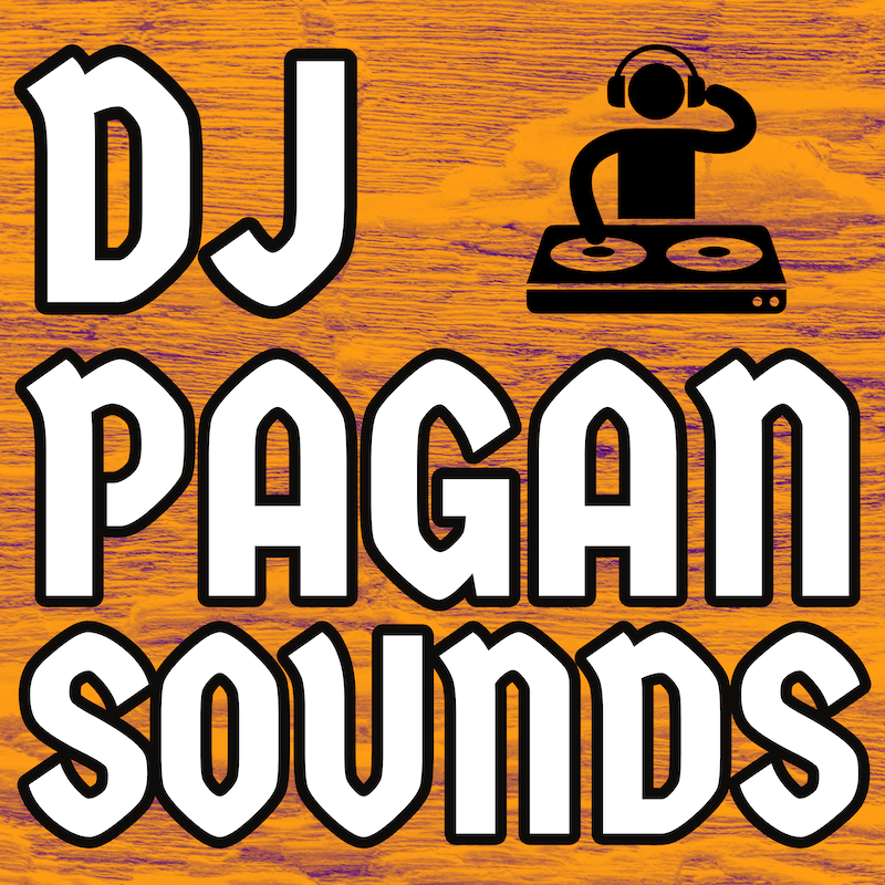 DJ Pagan Sounds logo with bold white text on an orange abstract background and a black turntable icon