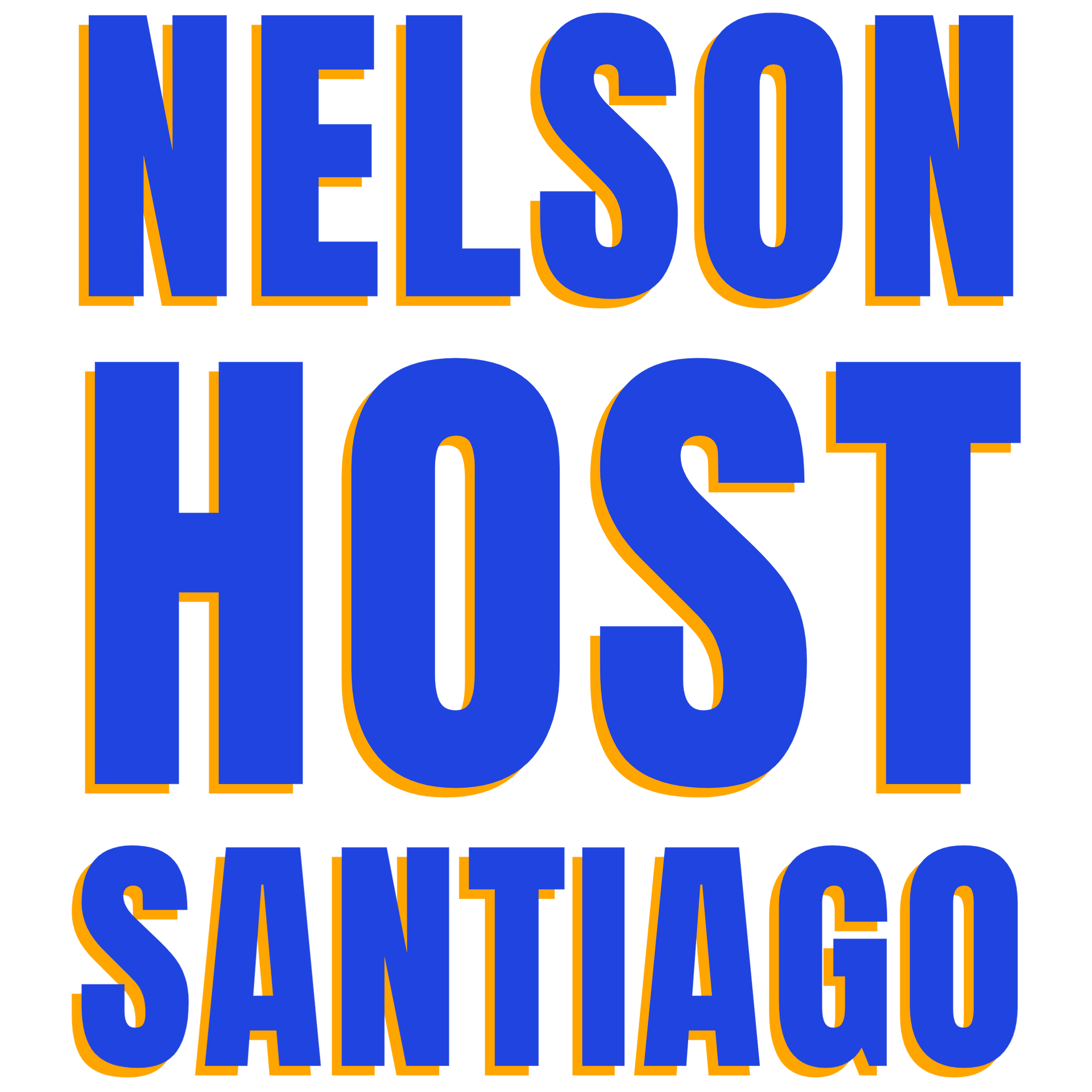 A blue and yellow logo for nelson host santiago