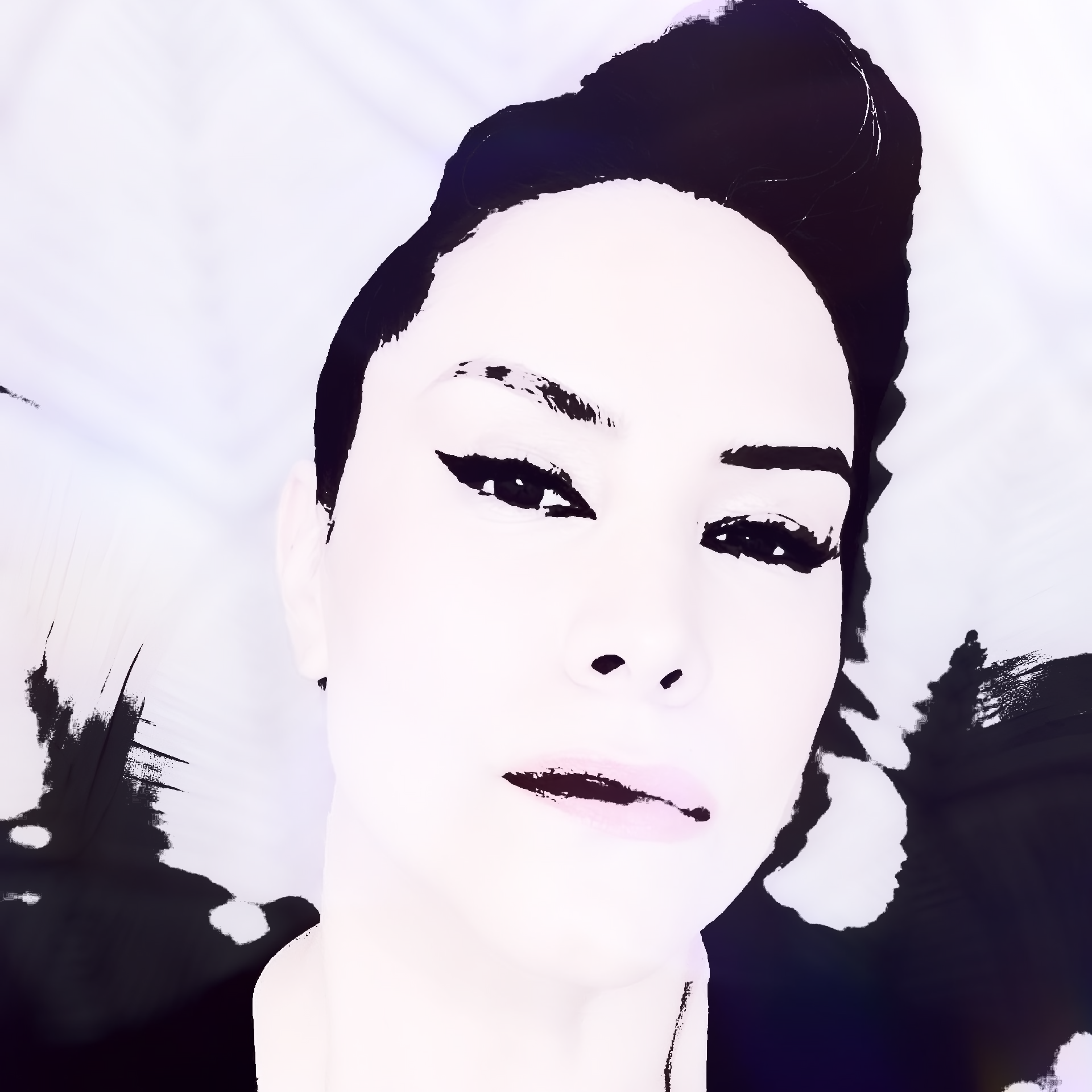 Black-and-white portrait of a woman with dark hair, looking to the side against a text-filled background