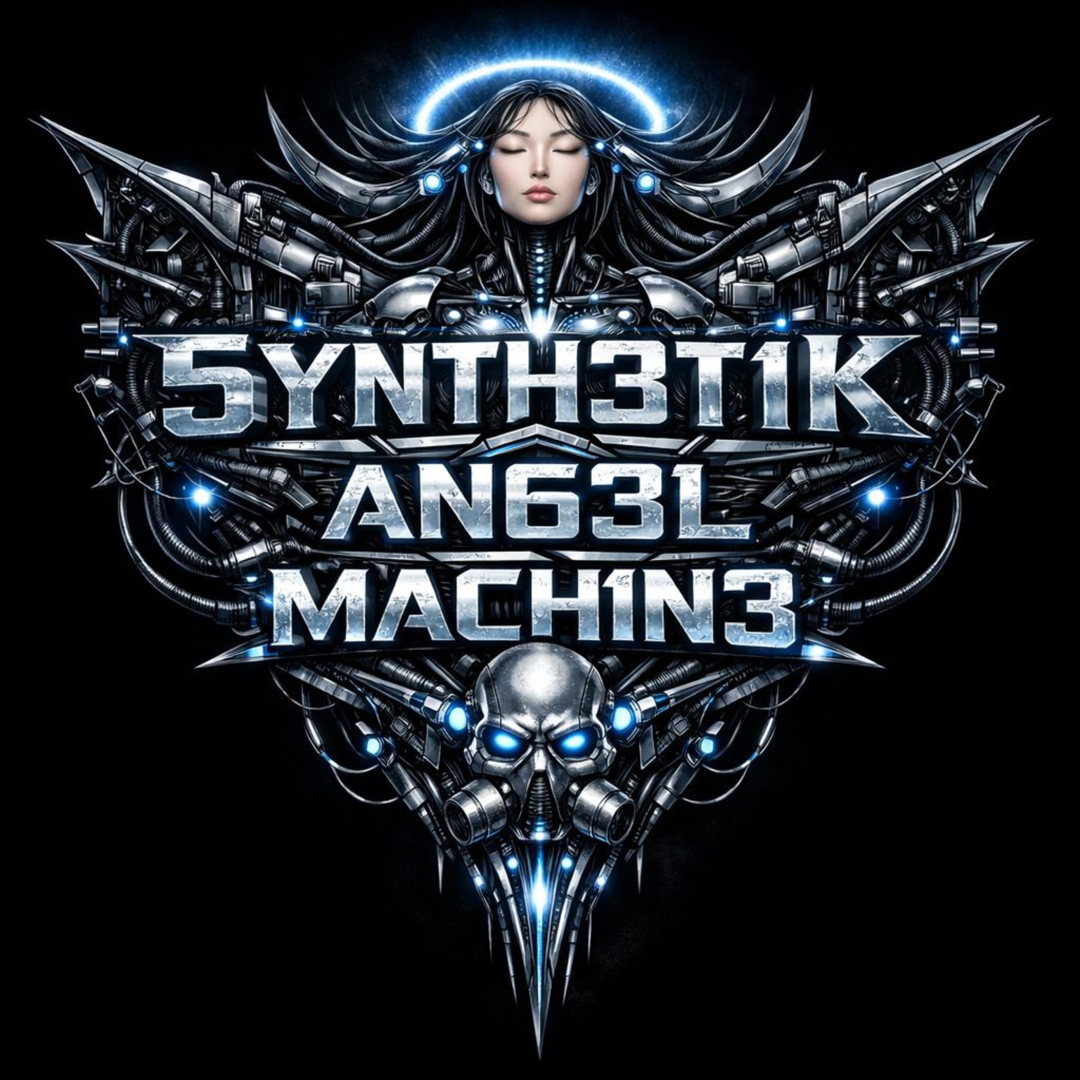 Futuristic cyberpunk android with flowing hair, glowing purple-blue background, and vertical neon text.