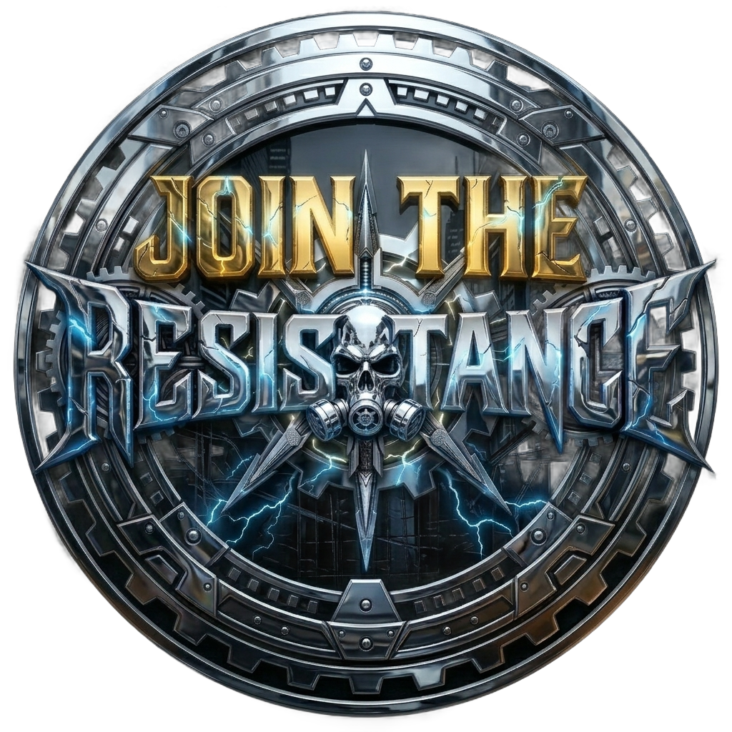 “JOIN THE RESISTANCE” metallic logo with a skull and crossed blades on a black background