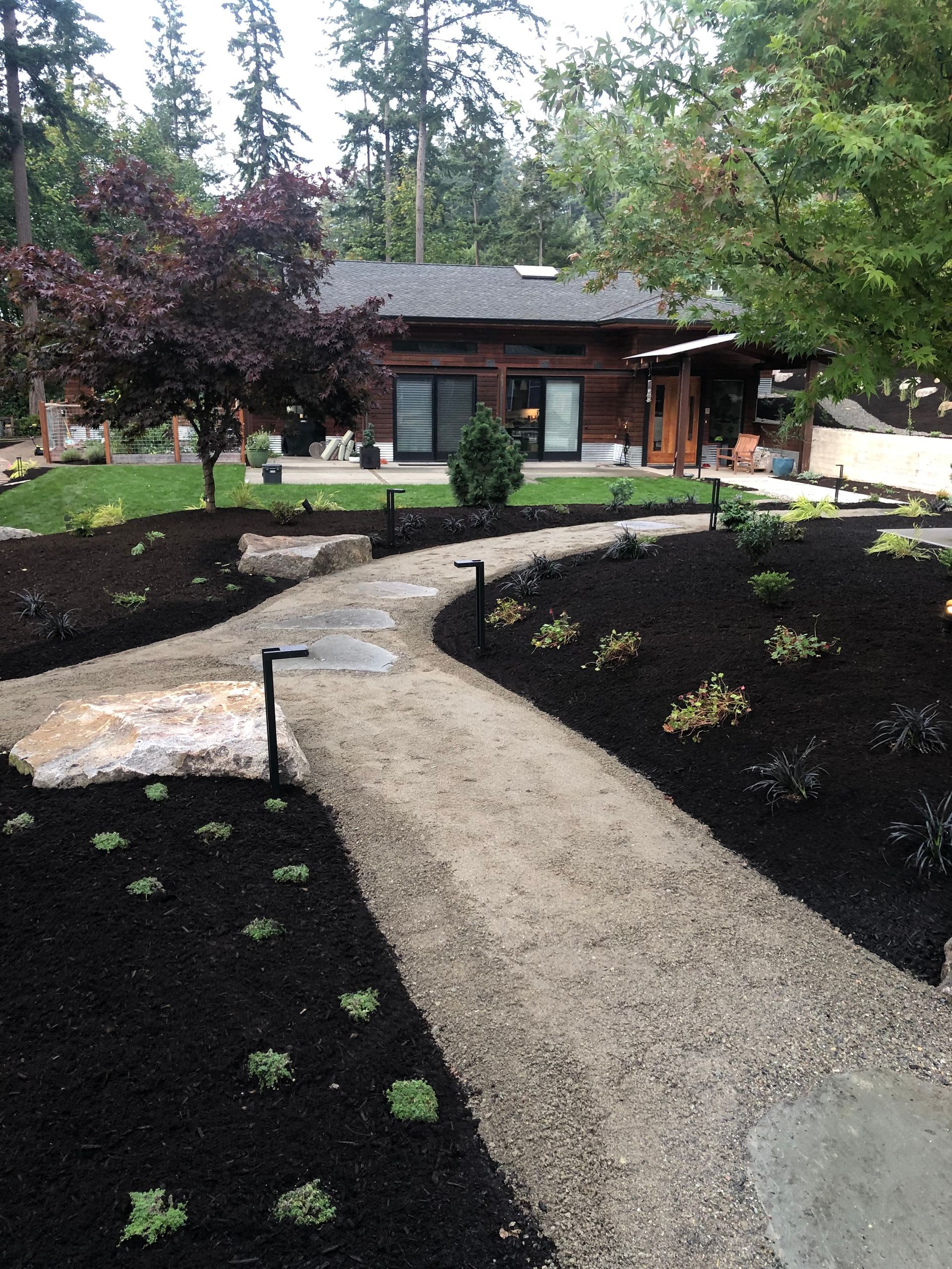A gravel path curves toward a wood-sided house, surrounded by black mulch, plants, and trees.