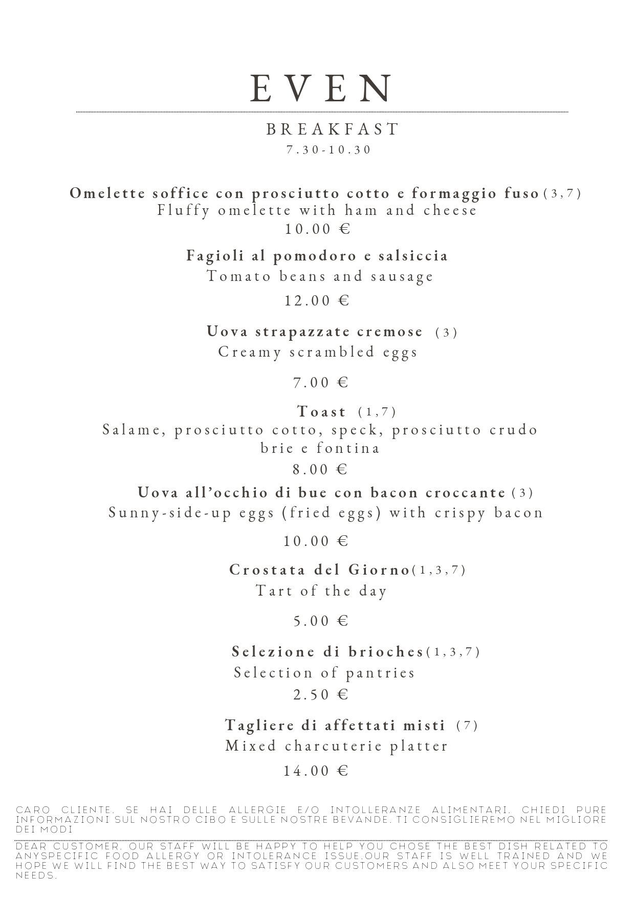 Menù del ristorante
