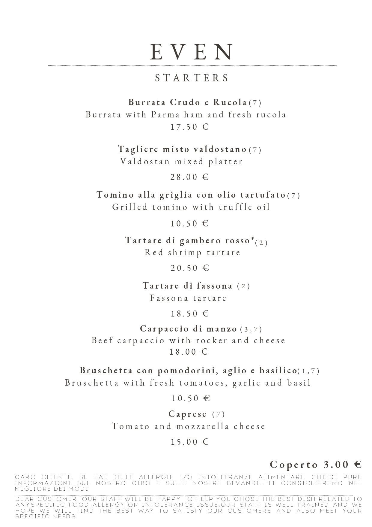 Menù del ristorante