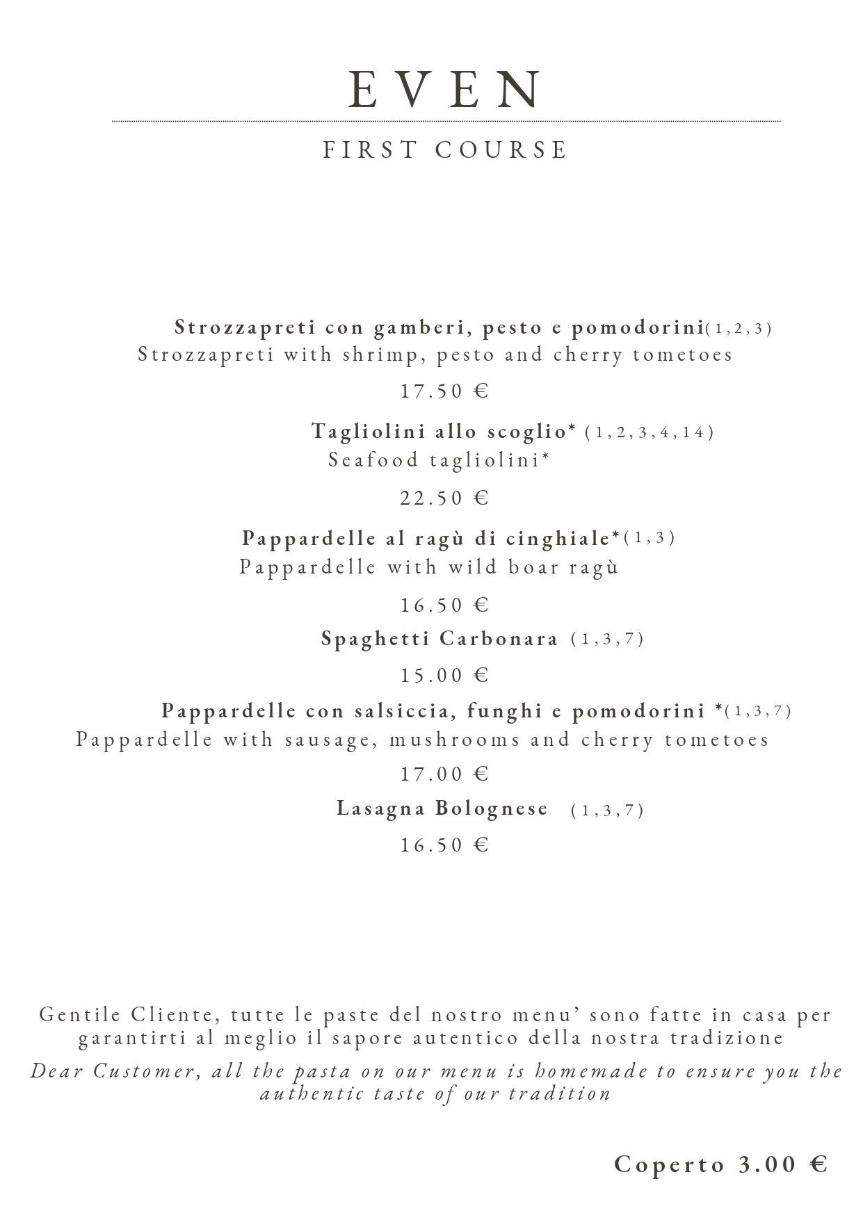 Menù del ristorante