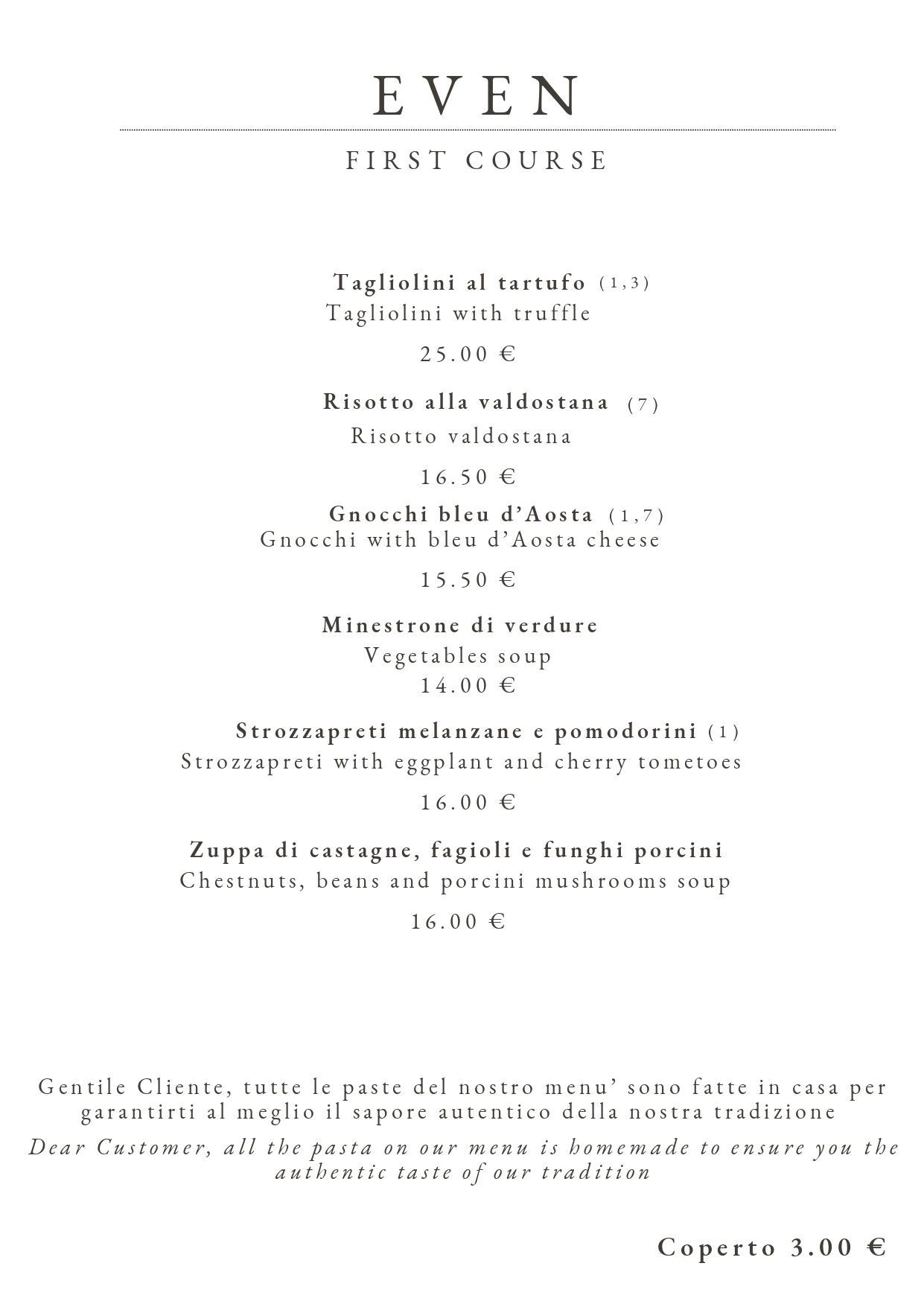 Menù del ristorante