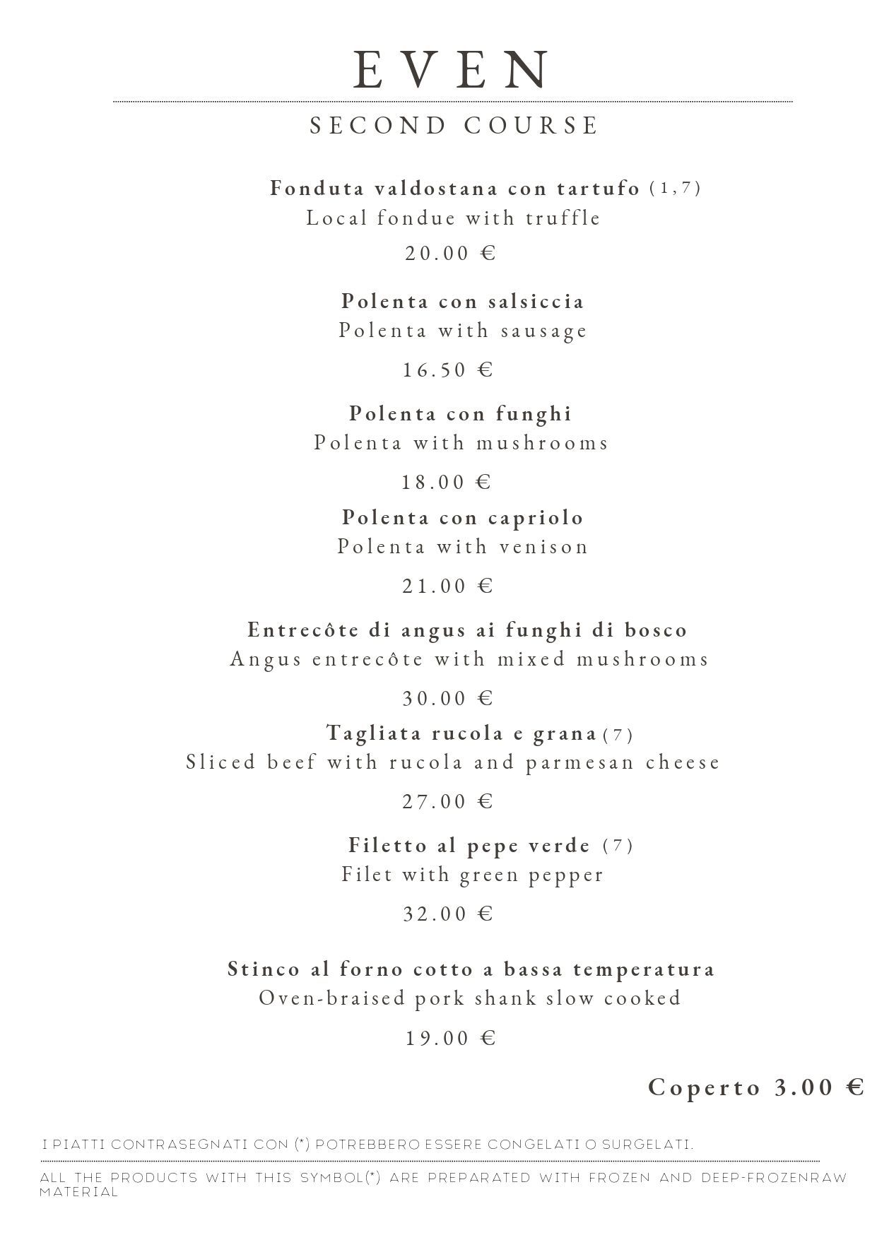Menù del ristorante