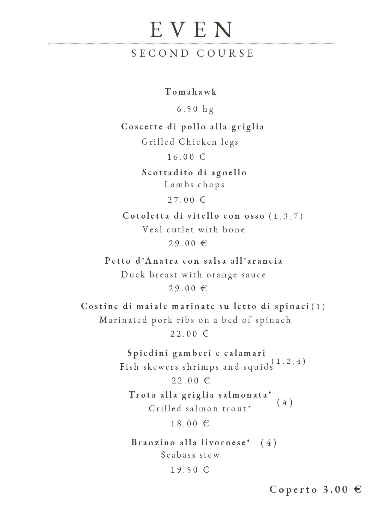 Menù del ristorante EVEN, con secondi piatti e prezzi in euro.