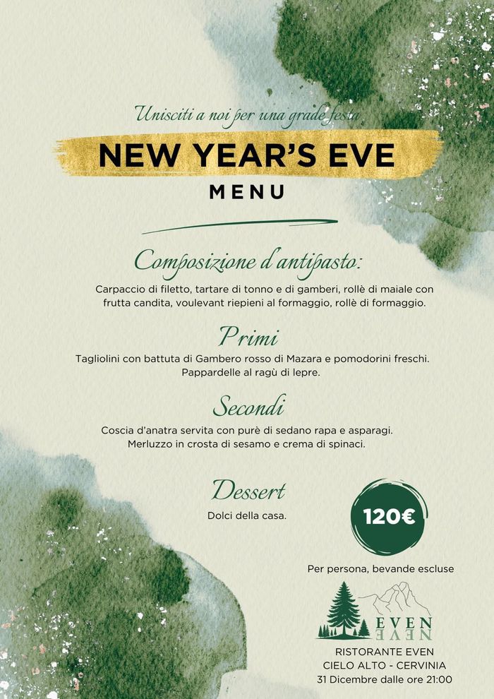 Menù di Capodanno con sfondo acquerello. Testo in italiano, prezzo 120€. Logo del ristorante in basso.