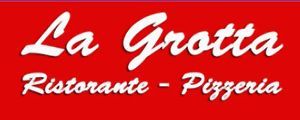Logo per La Grotta Ristorante-Pizzeria su sfondo rosso con testo corsivo bianco.