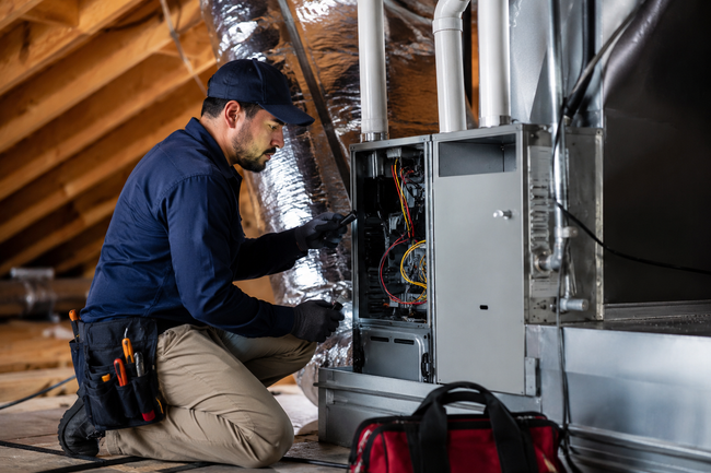 Technician repairing HVAC wiring in an attic with exposed insulation and ductwork