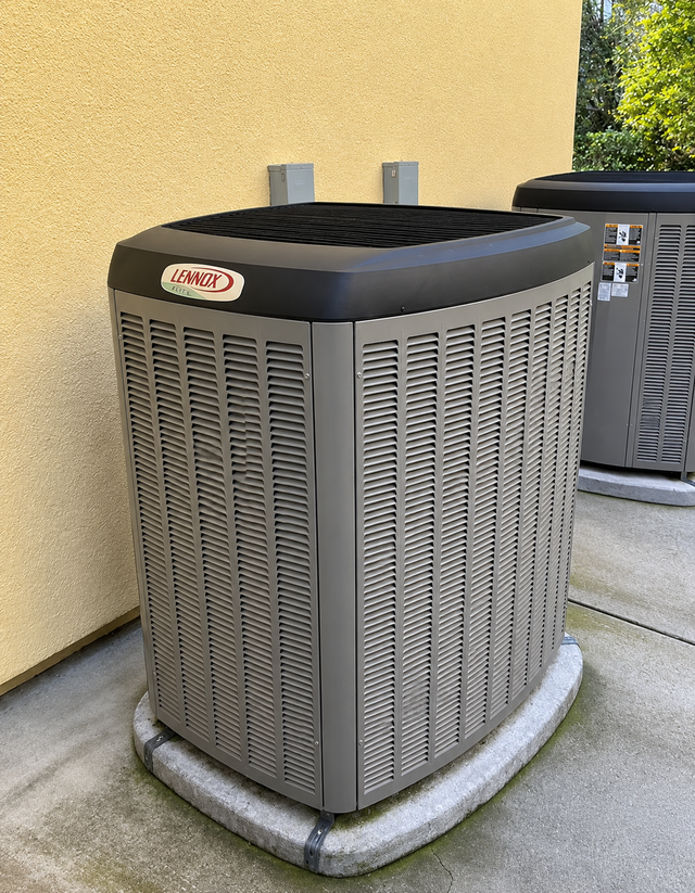 Outdoor air conditioning unit beside a beige wall, with a second unit partially visible behind it.
