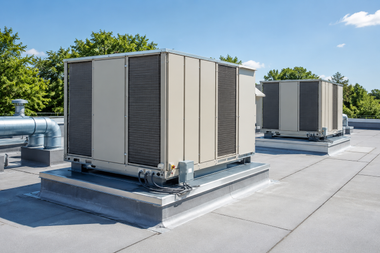 Rooftop HVAC units on a flat commercial roof under a clear blue sky