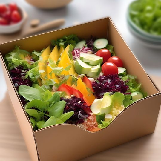 Essensbox (Doggybag), rot und grün, mit der Aufschrift Restlos genießen