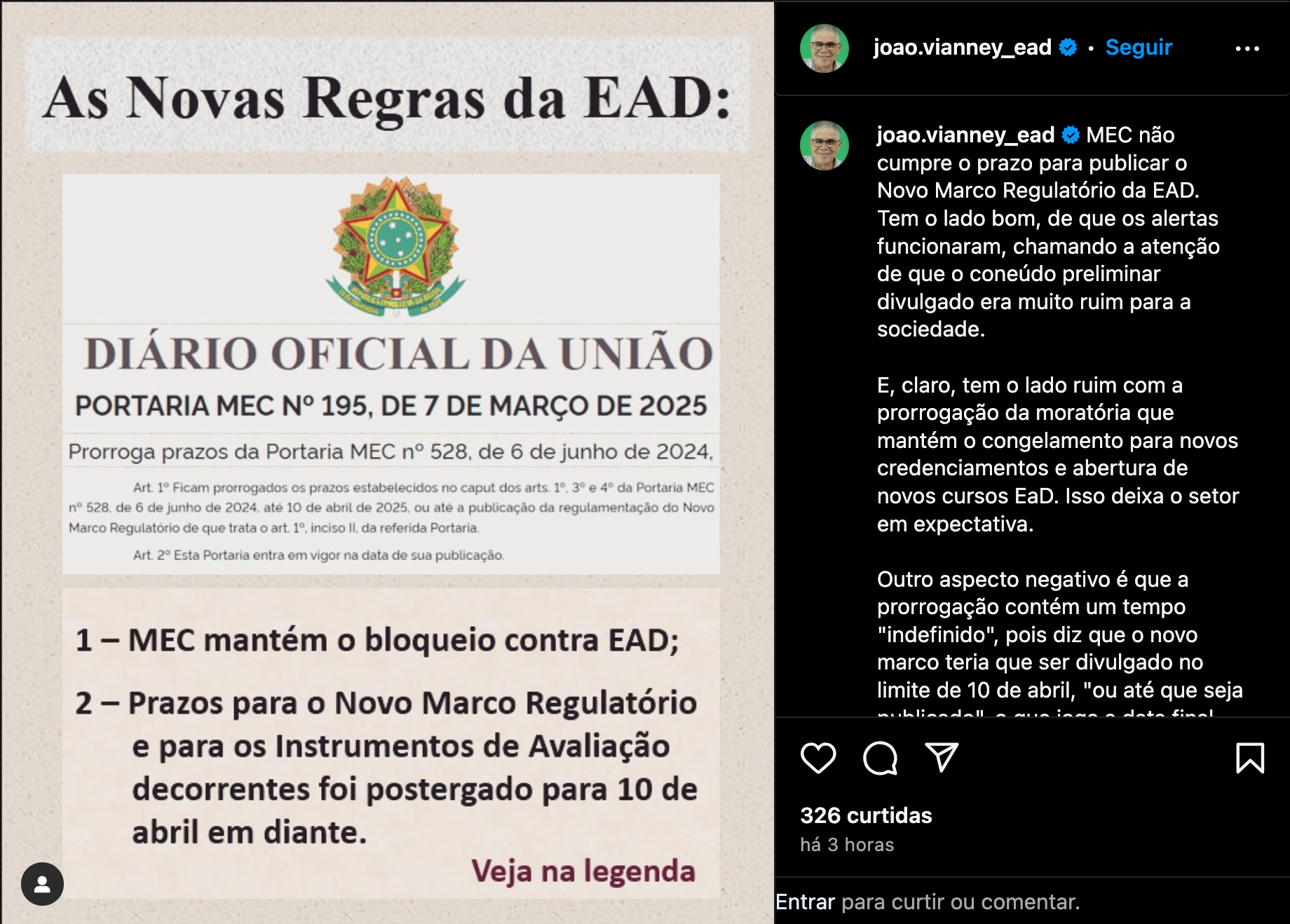 João Vianney questiona o novo adiamento do marco regulatório da EaD e destaca os riscos de um setor à deriva. (Reprodução/Instagram)