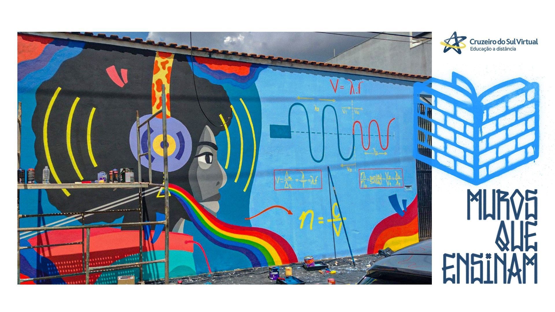 Mural colorido com fórmulas de física e arte urbana, parte do projeto Muros que Ensinam.