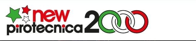 Logo per New Pirotecnica 2000. Testo e anelli ad incastro in verde, bianco e rosso, con stelle e numero 2.