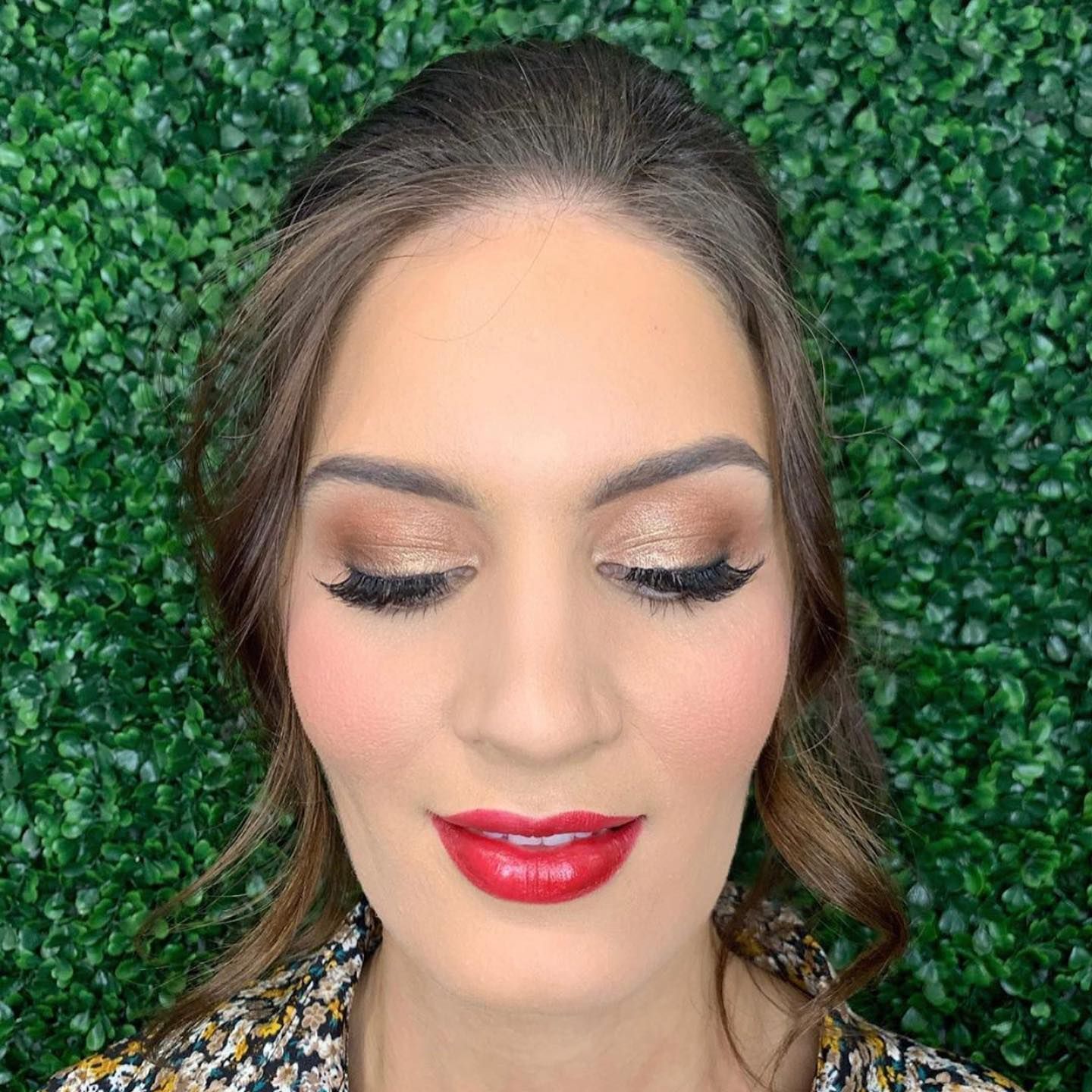 Woman With Glamorous Makeup, Red Lipstick, and Closed Eyes — Miilan Hair in Darwin City, NT