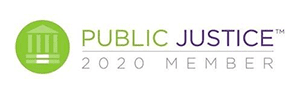 Public Justice 2020 Member logo: Green circle with courthouse icon, text