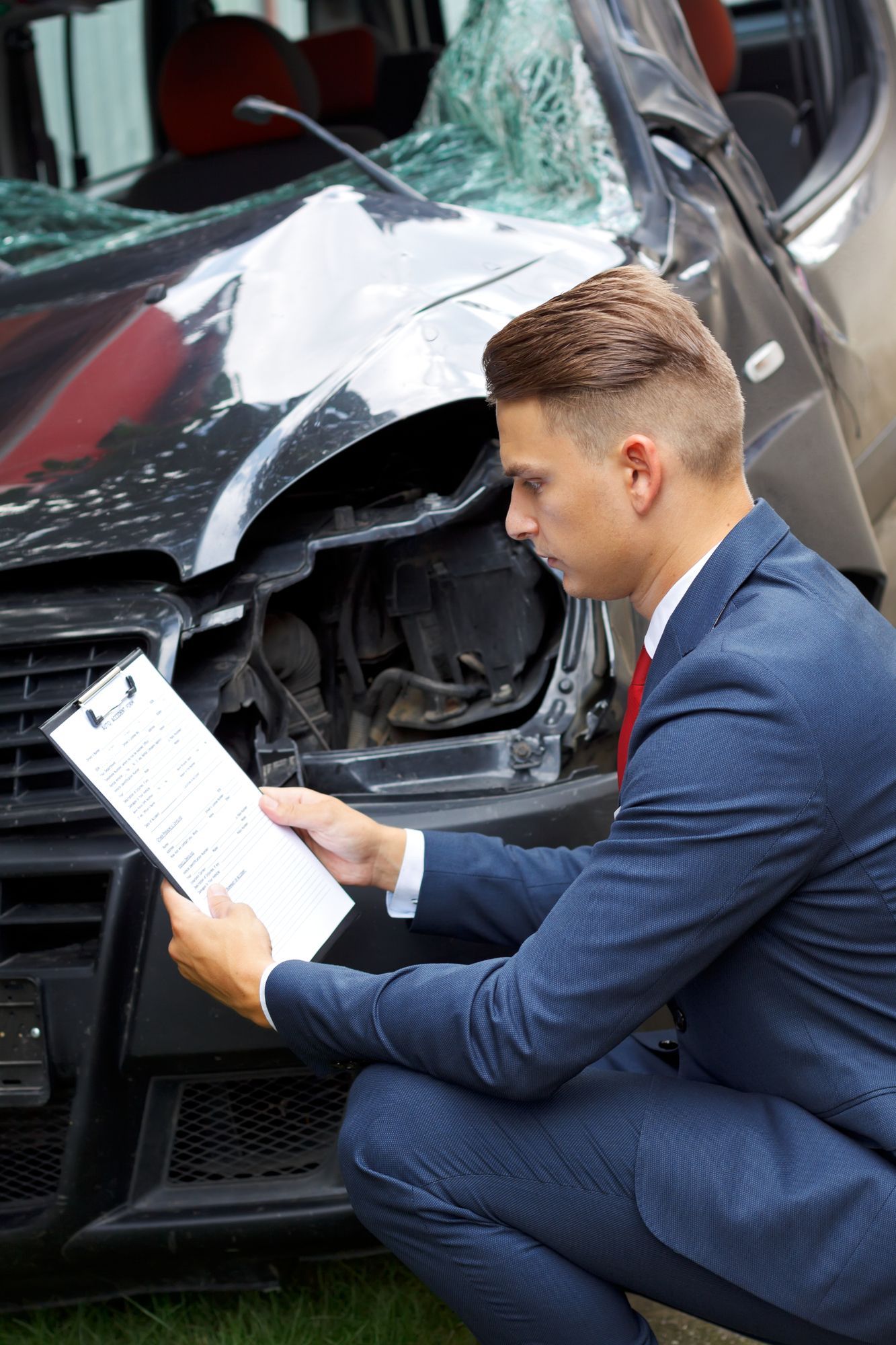 A man in a suit is kneeling down in front of a damaged car.