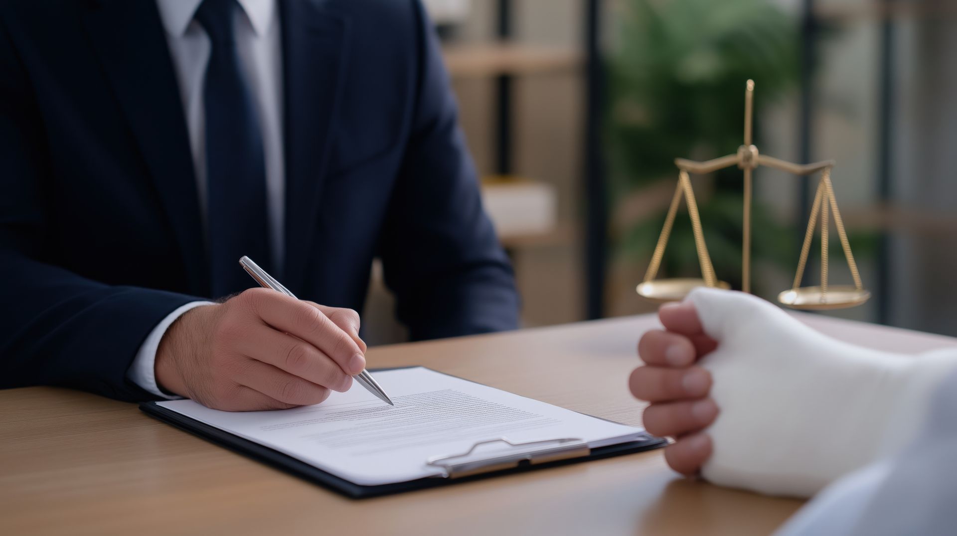 Lawyer reviewing documents with an injured client wearing a hand cast. Lawyer reviewing documents with an injured client wearing a hand cast.