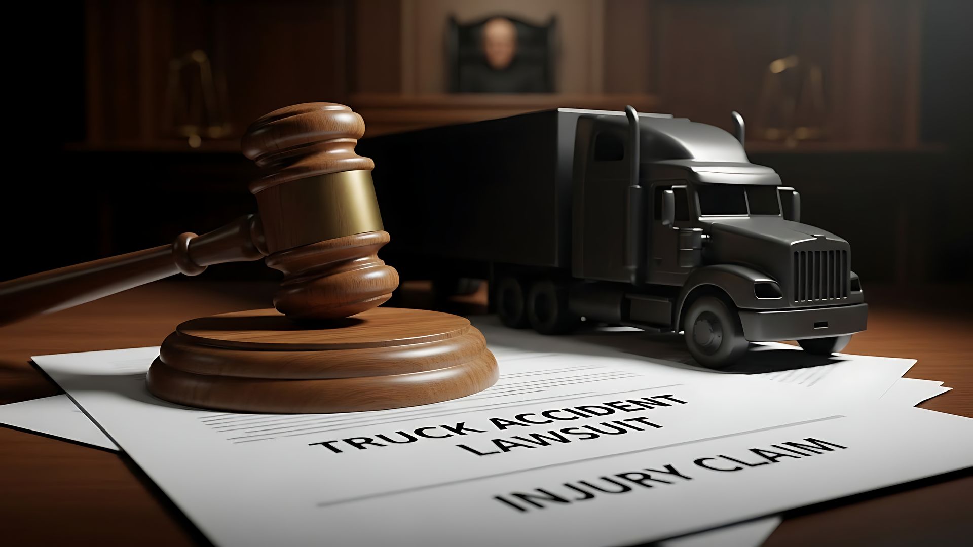 Judge gavel beside toy semi truck crash scene symbolizing trusted truck accident attorney help. Judge gavel beside toy semi truck crash scene symbolizing trusted truck accident attorney help.