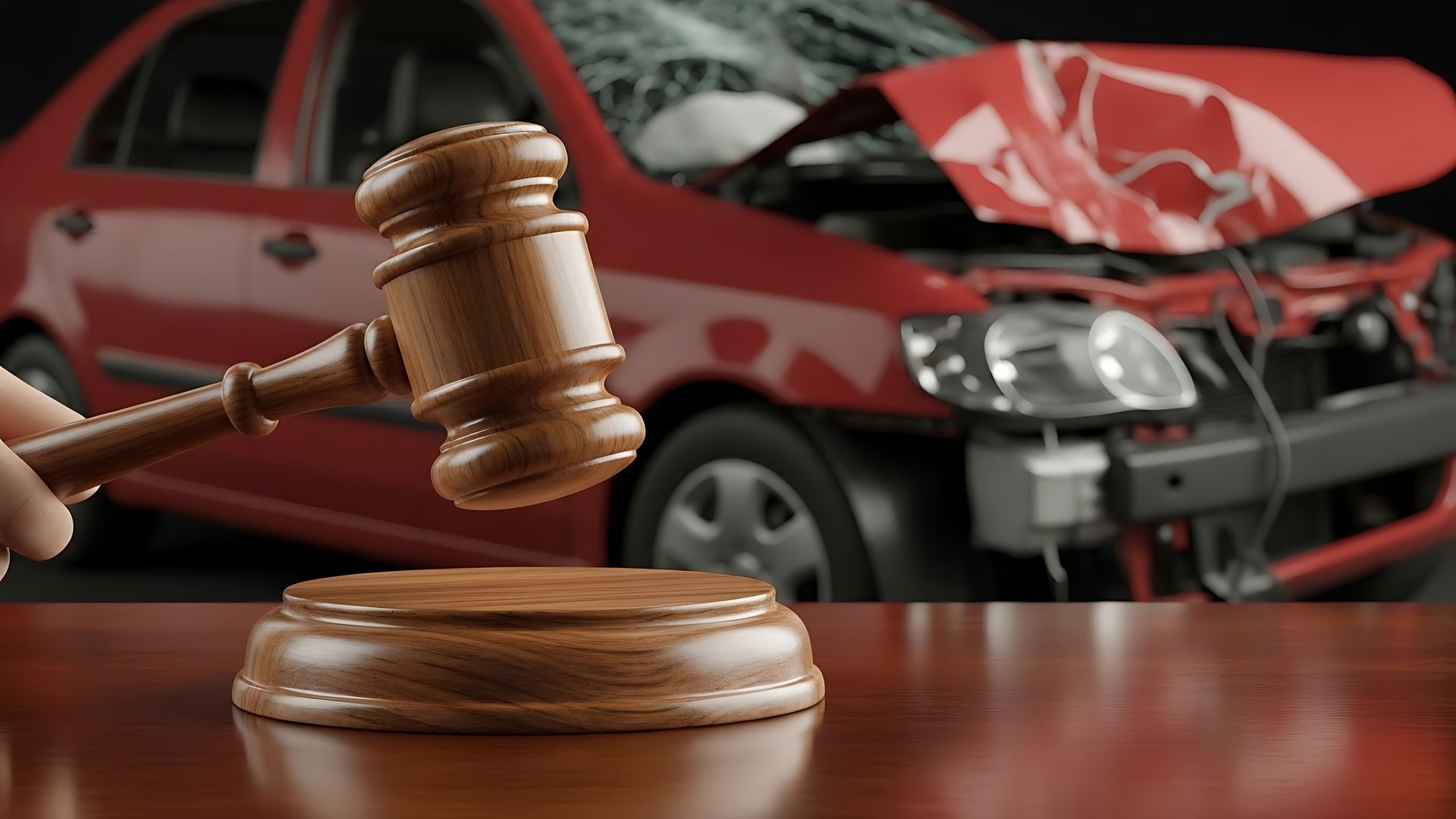 Gavel and damaged red car signifying legal action for an accident claim.