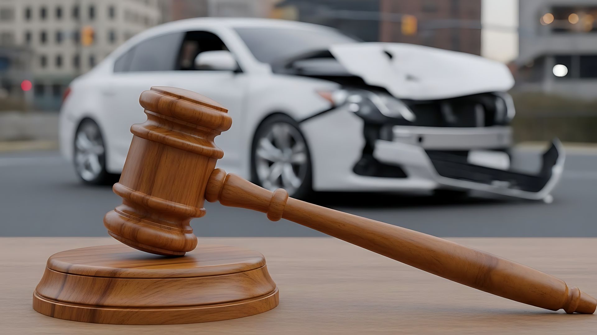 Gavel and damaged car representing legal consequences arising from an automobile collision. Gavel and damaged car representing legal consequences arising from an automobile collision.