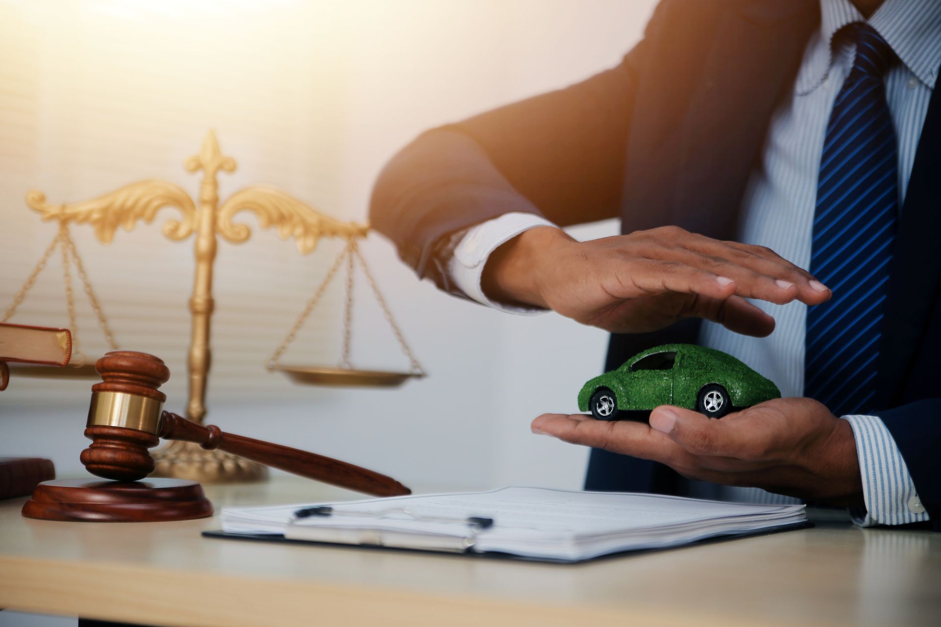 The judge’s gavel and toy car symbolize a court case over a car accident insurance claim. The judge’s gavel and toy car symbolize a court case over a car accident insurance claim.