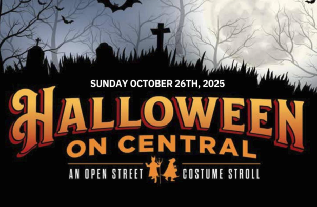 Halloween on Central event flyer: silhouettes of spooky cemetery scene, bat, and title. Halloween on Central event flyer: silhouettes of spooky cemetery scene, bat, and title.
