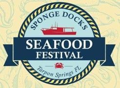 Seafood Festival logo: red boat, text Sponge Docks Seafood Festival, Tarpon Springs, FL, blue and gold. Seafood Festival logo: red boat, text Sponge Docks Seafood Festival, Tarpon Springs, FL, blue and gold.