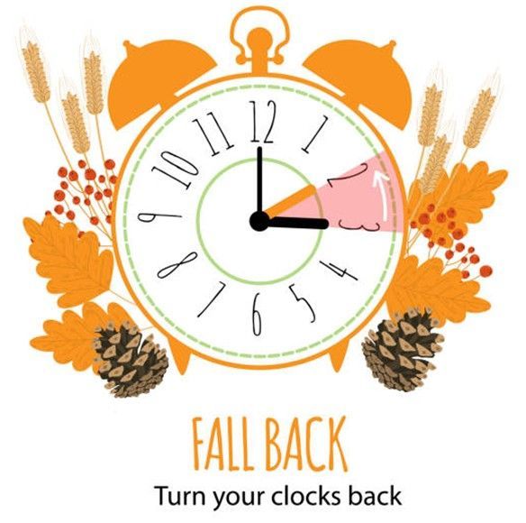 Orange clock with the hands at 2:00 turning back to 1:00. Fall Back text with fall leaves and pine cones. Orange clock with the hands at 2:00 turning back to 1:00. Fall Back text with fall leaves and pine cones.