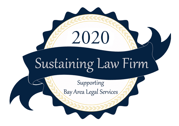 2020 Sustaining Law Firm badge: Dark blue ribbon with text supporting Bay Area Legal Services.