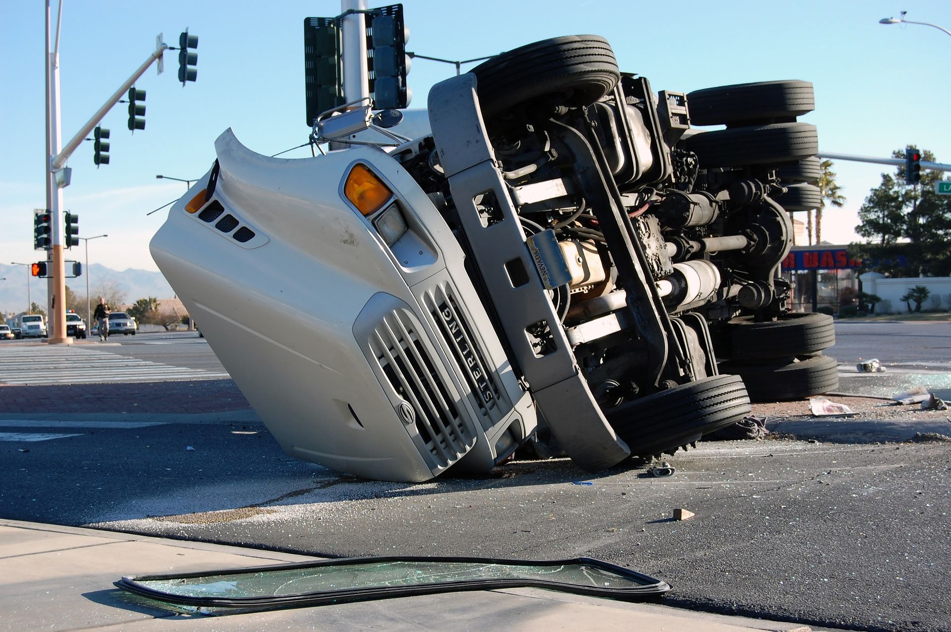 A truck that has been turned over on its side