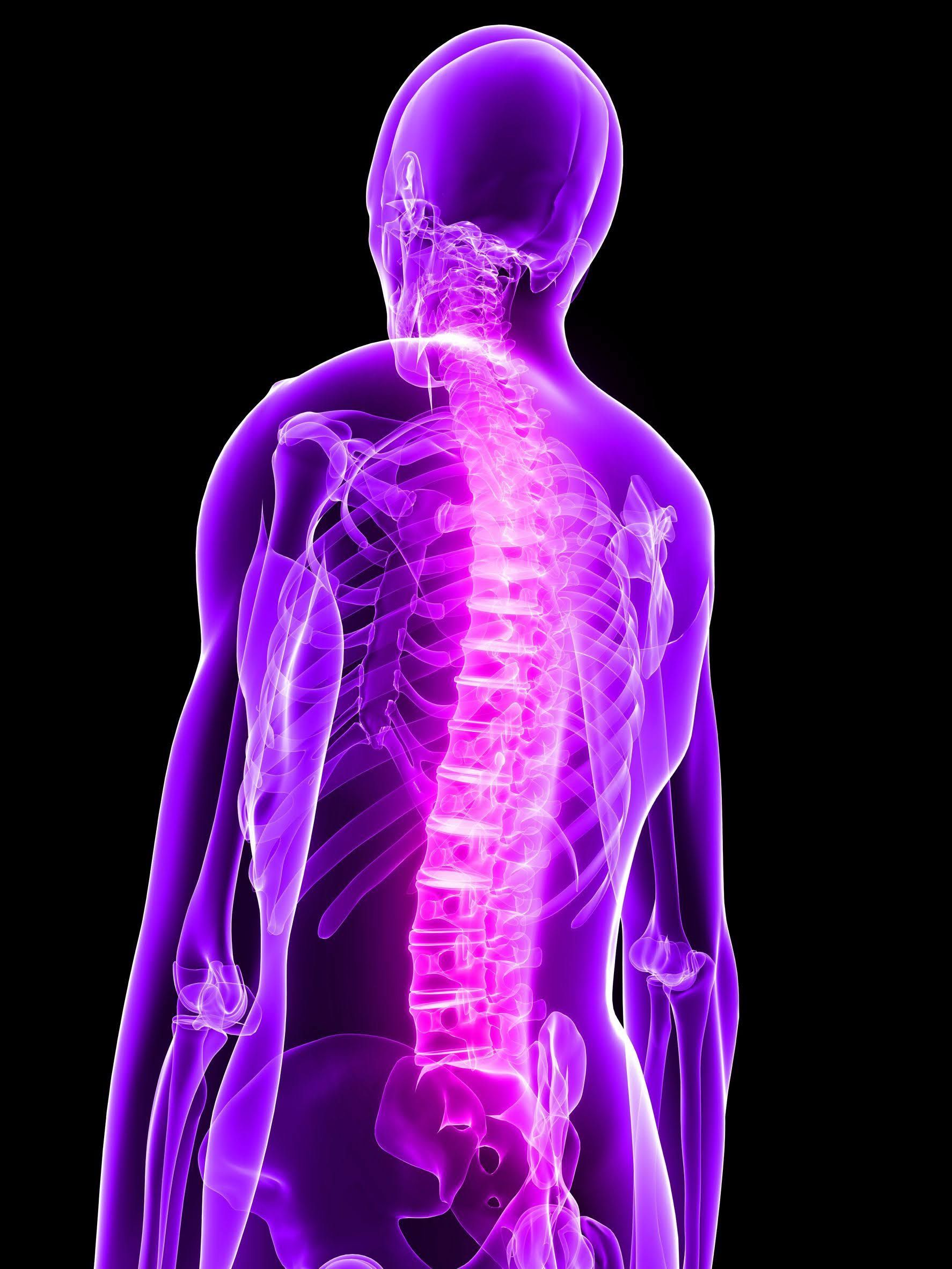 Purple skeletal figure, spine highlighted, on a black background.