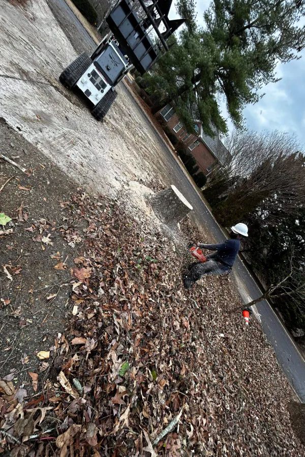 A worker in a hard hat uses a leaf blower near a paved driveway with a skid-steer loader nearby.
