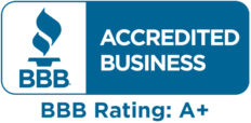 A blue sign that says accredited business bbb rating a+