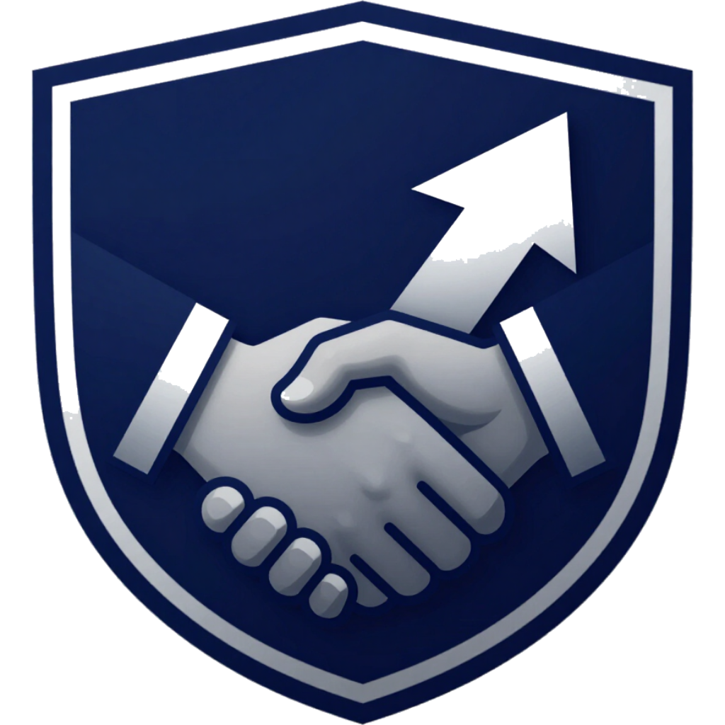 Blue shield icon with handshake and upward arrow, suggesting partnership and growth