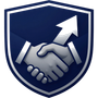 Blue shield icon with handshake and upward arrow, suggesting partnership and growth