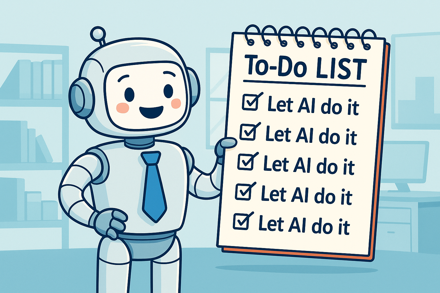 A smiling robot holds a to-do list: