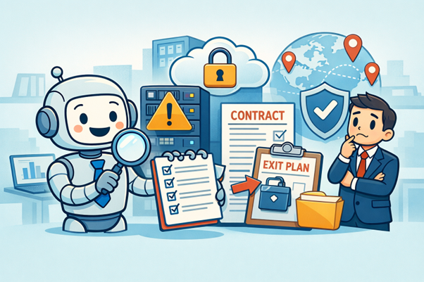 Cartoon robot with contract and warning icons beside a worried businessman in a compliance scene