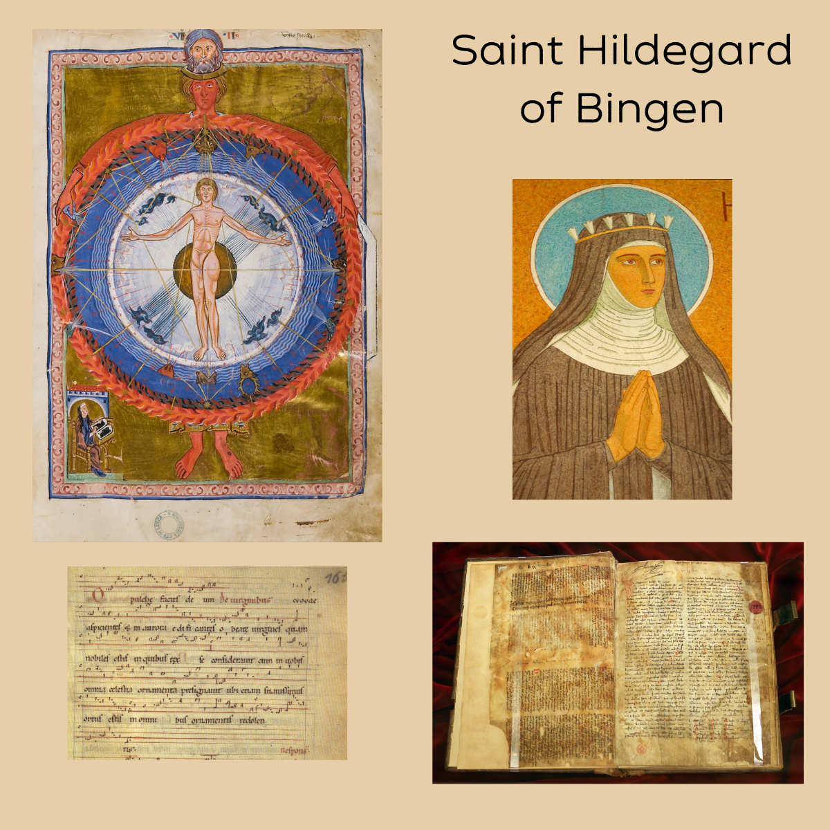 Collage about Saint Hildegard of Bingen featuring an illustrated cosmic diagram, a portrait, and two medieval manuscripts.