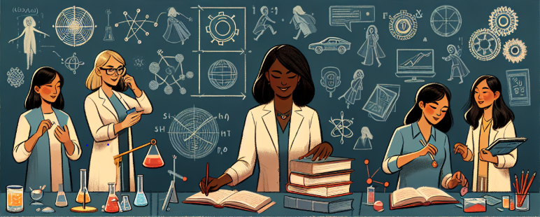 Five people in lab coats study and perform scientific experiments against a dark blue background with chalk-style drawings.