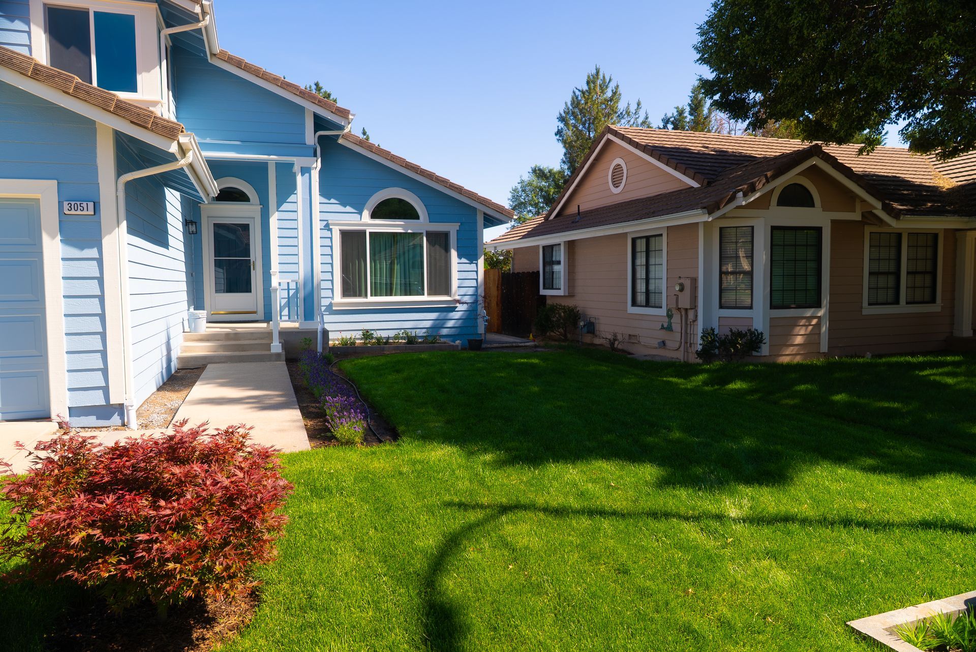 Two houses with a green lawn. Blue house on the left, beige on the right, under a bright, sunny sky.