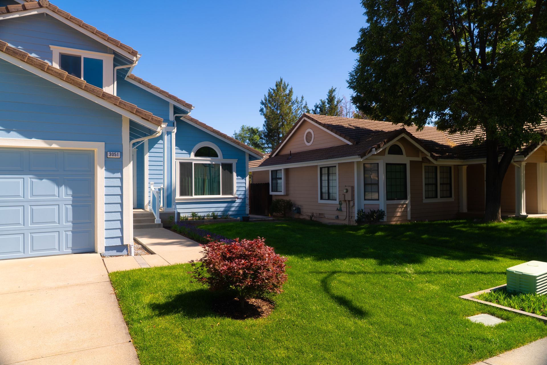 Two houses with blue and brown exteriors sit on a grassy lawn under a sunny sky.