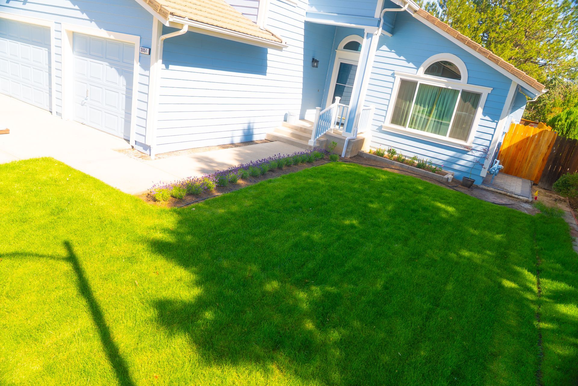 Blue house with a lush green lawn, driveway, and small garden. Sunny day.