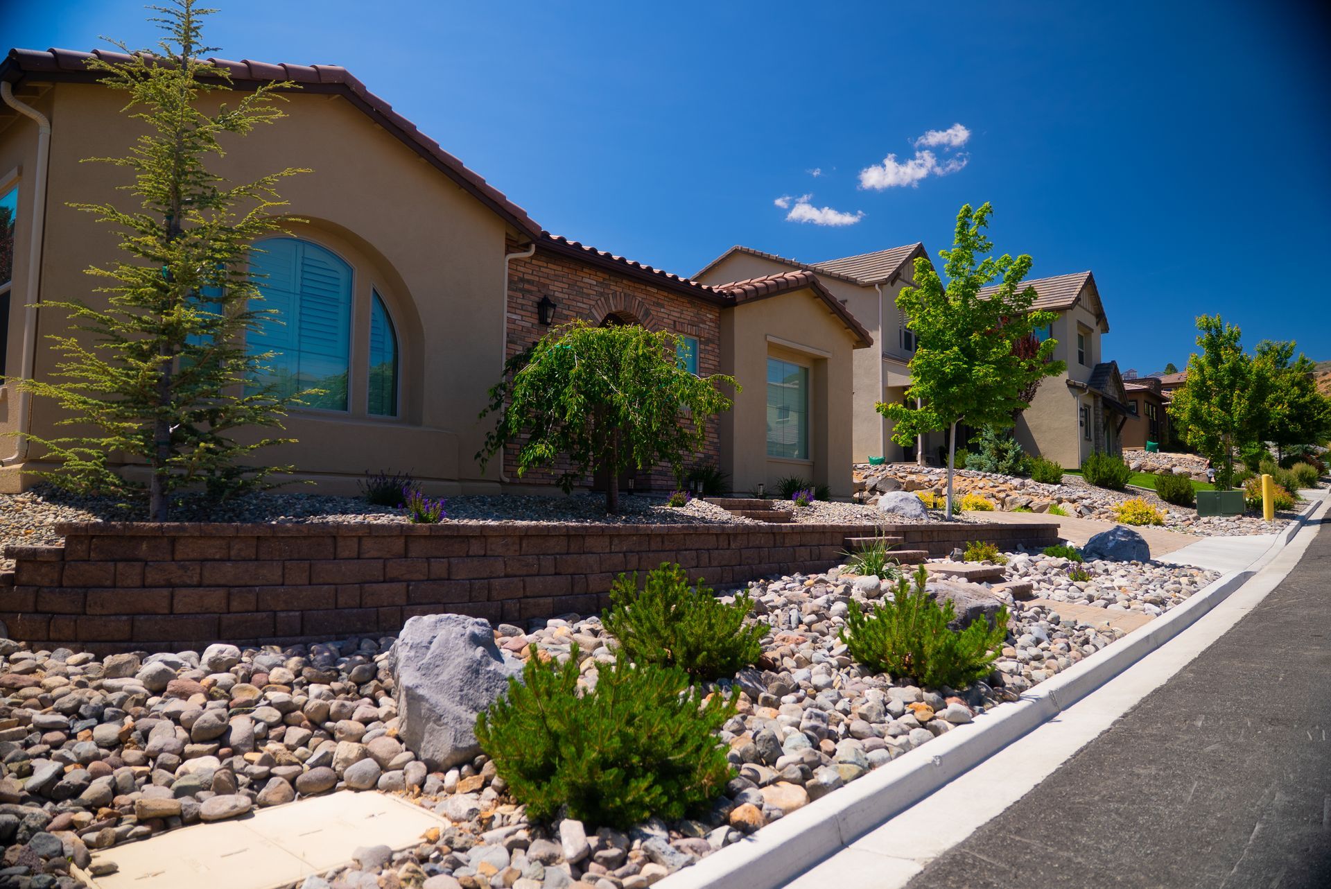 Houses with beige stucco, stone accents, and drought-tolerant landscaping under a blue sky.