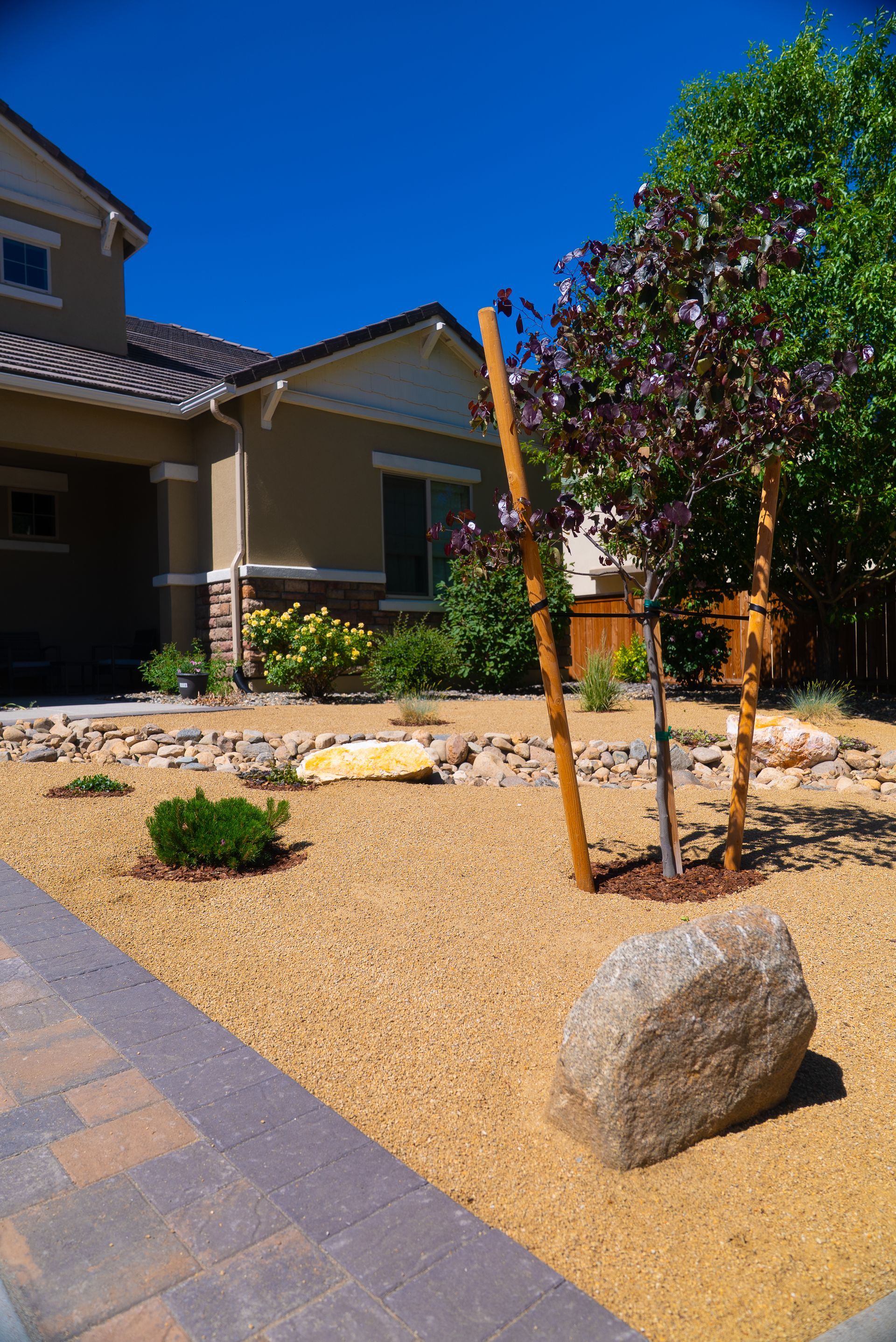 Landscaped front yard with a house, rock features, and trees under a clear blue sky.