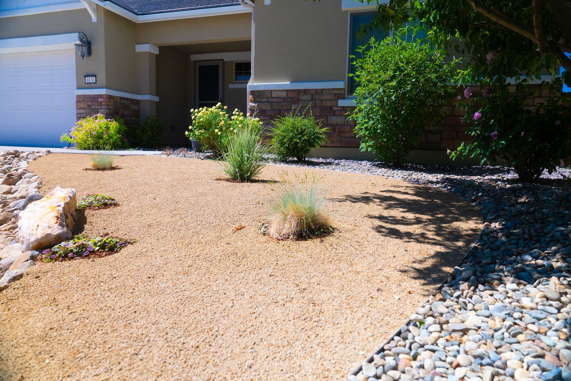 Desert landscape with tan gravel, scattered plants, and a house facade.