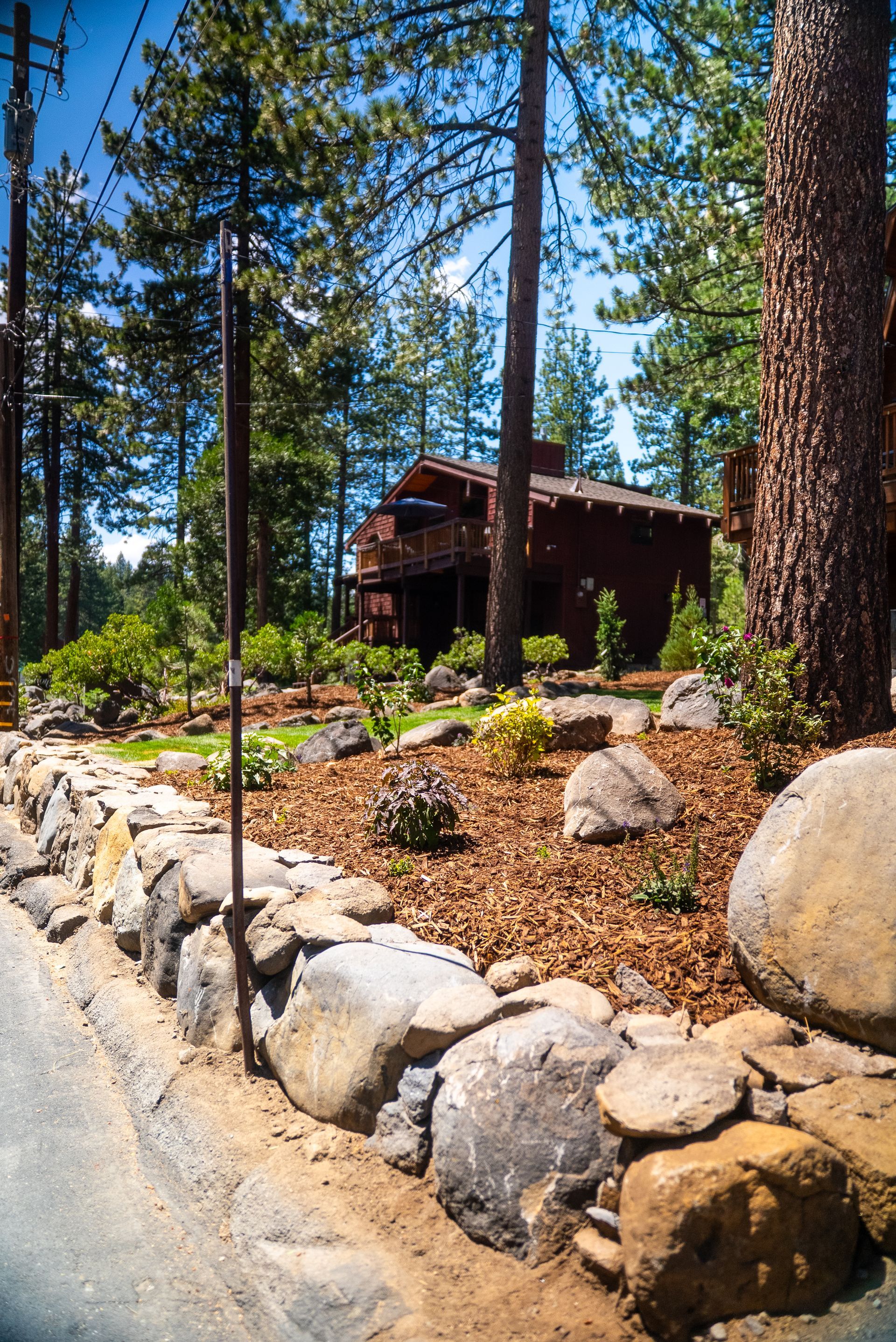Stone wall and landscaped yard in front of a wood-sided building, tall trees in the background, blue sky.